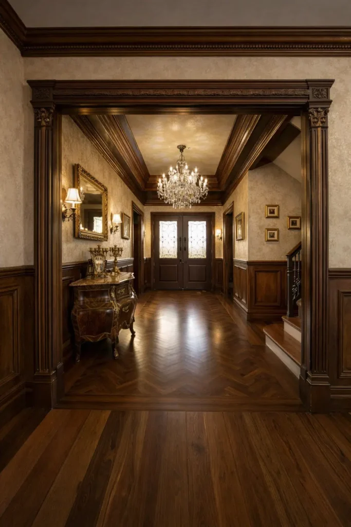 مدخل منزل فاخر بتصميم كلاسيكي يحتوي على أعمدة خشبية وزخارف أنيقة وثريا فخمة مع أرضية باركيه داكنة