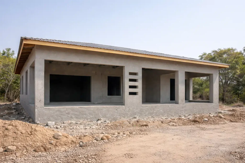 ملحق قيد الإنشاء بسقف مائل مع فتحات واسعة للجلسات ونوافذ بدون تشطيب نهائي ضمن أرض ترابية