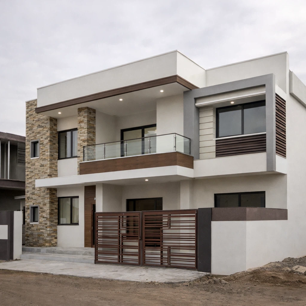 واجهة منزل حديثة بعد الترميم بتصميم عصري مع شرفات زجاجية وديكورات خارجية تجمع بين اللون الأبيض والخشب الصناعي