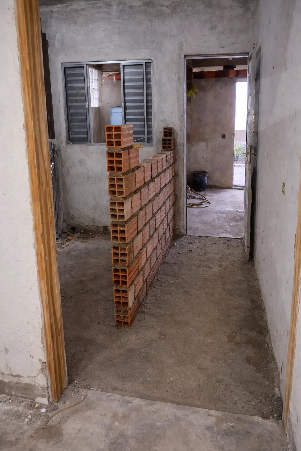 منزل أثناء أعمال الترميم يظهر جدار طوب قيد الإنشاء وأرضية خرسانية غير مكتملة مع نوافذ وأبواب