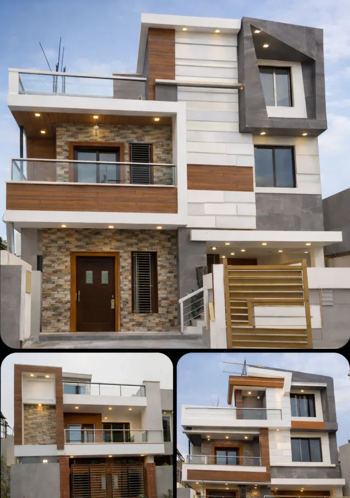 ترميم واجهة منزل في الدمام بتصميم عصري يجمع بين الحجر الديكوري والخشب الصناعي والشرفات الزجاجية