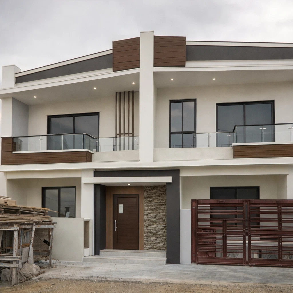 واجهة فيلا بعد أعمال الترميم والتشطيب الخارجي بتصميم يجمع بين اللونين الأبيض والرمادي