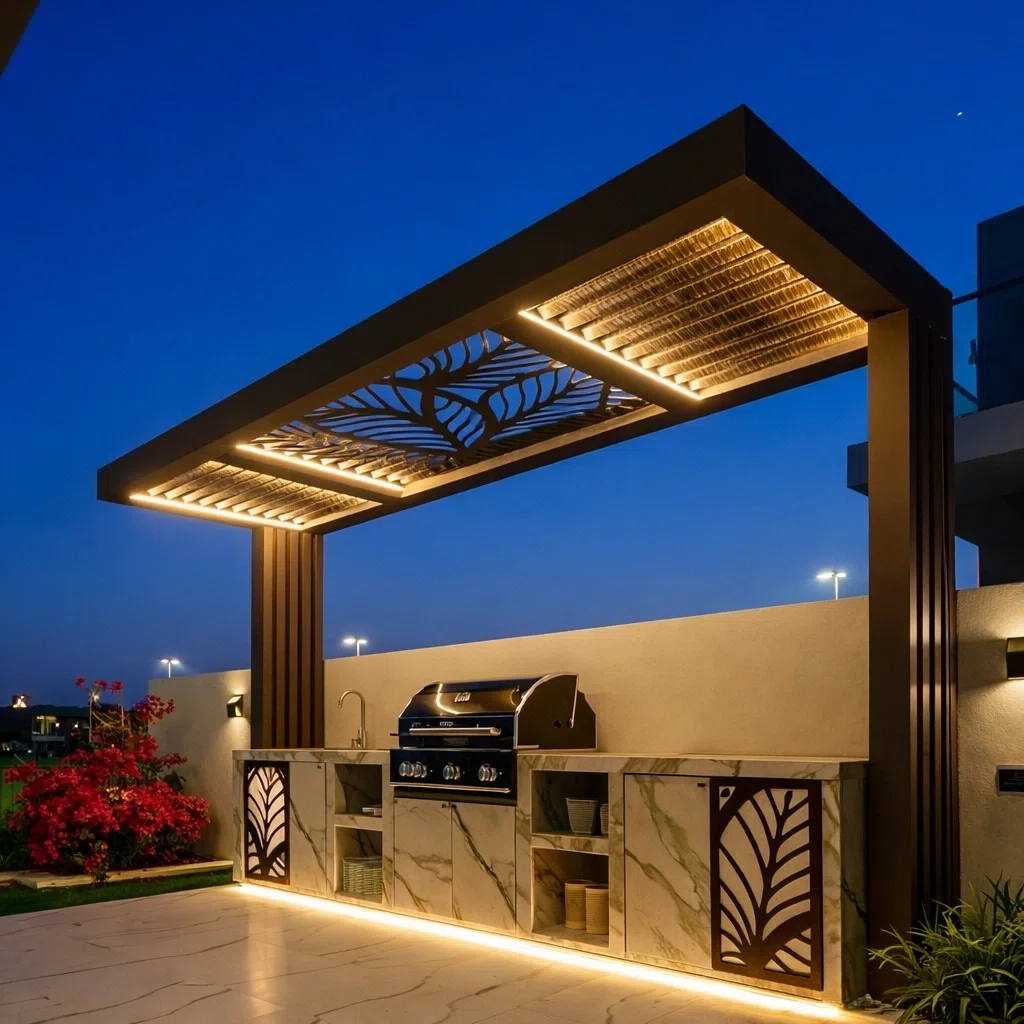 مظلة مطبخ خارجي بتصميم معدني حديث مزوّدة بإضاءة LED مخفية ونقوش ليزر زخرفية في أجواء ليلية أنيقة