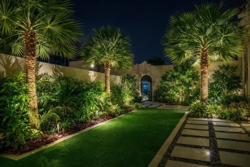 حديقة منزلية ليلية مزروعة بأشجار نخيل ونباتات استوائية مع ممر حجري وعشب أخضر وإضاءة أرضية