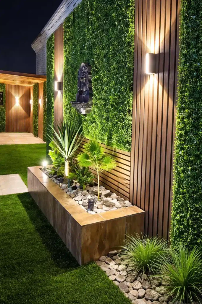 تنسيق حدائق عصرية في الدمام يضم جدارًا أخضر صناعي مع شرائح خشبية وإضاءة خارجية أنيقة وأحواض زراعة بنباتات زينة