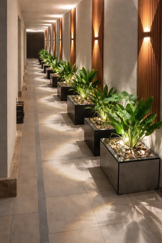 ممر داخلي طويل مزين بأحواض نباتات مربعة سوداء تحتوي نباتات خضراء مع إضاءة أرضية دافئة وجدار بشرائح خشبية وإضاءة جدارية