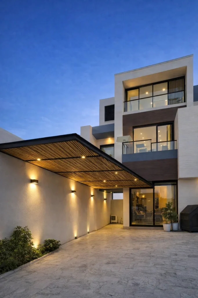 مظلة بإطار معدني أسود وسقف بشرائح خشبية طبيعية مع سبوتات مدمجة تضفي إضاءة دافئة أمام فيلا حديثة متعددة الطوابق