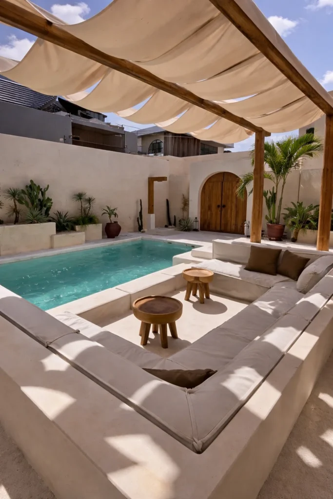جلسة مسبح بتصميم عربي حديث تضم مقاعد إسمنتية مكسوة بوسائد بيج تغطيها أقمشة ظل منسدلة مثبتة على أعمدة خشبية