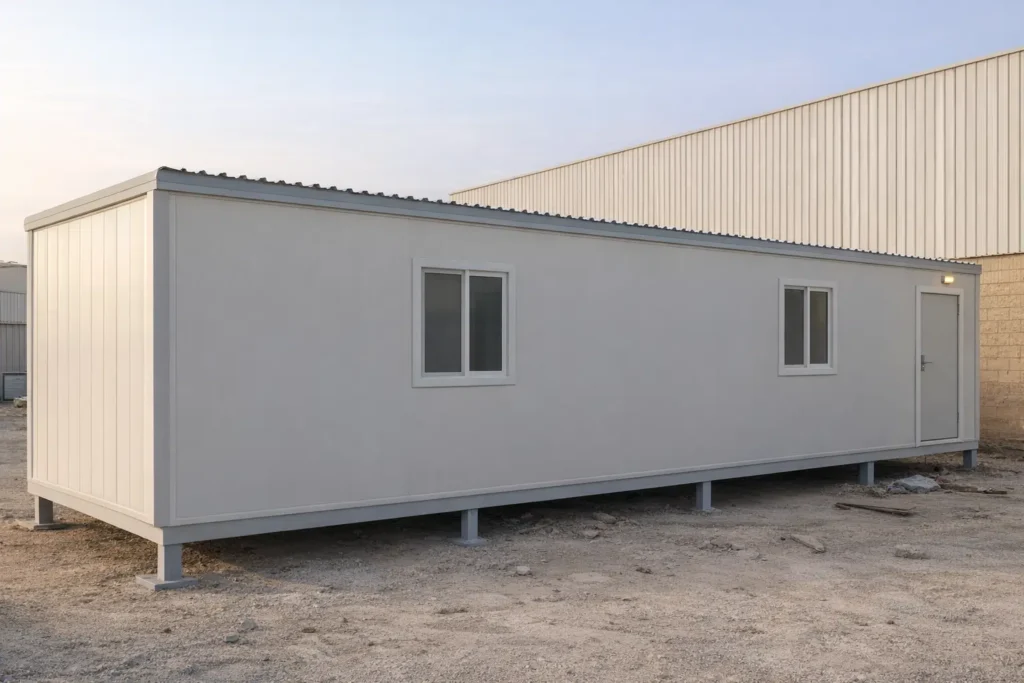 ملحق سكني جاهز من الساندويتش بانل باللون الأبيض مرفوع على قواعد معدنية مع نوافذ وباب جانبي في موقع خارجي صناعي