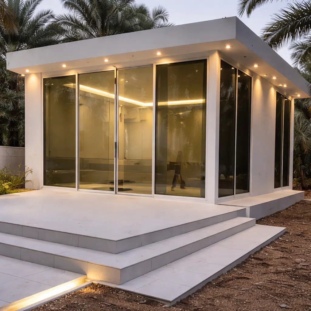 ملحق حديث من الساندويتش بانل بتصميم فاخر وواجهات زجاجية كاملة مع إضاءة خارجية محيطية وأرضيات مرتفعة في حديقة منزلية