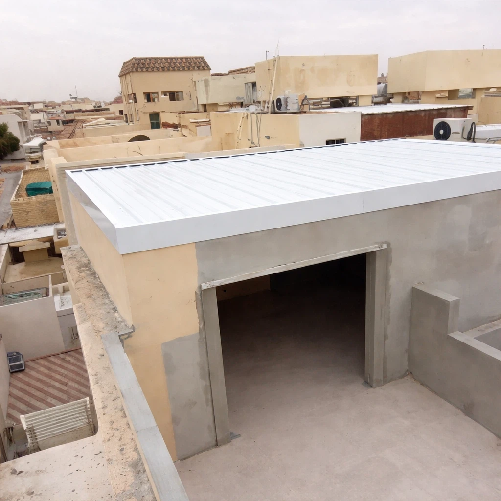 سقف ملحق علوي مغطى بألواح ساندويتش بانل بيضاء فوق مبنى سكني مع فتحة مدخل وجدران خرسانية في حي سكني