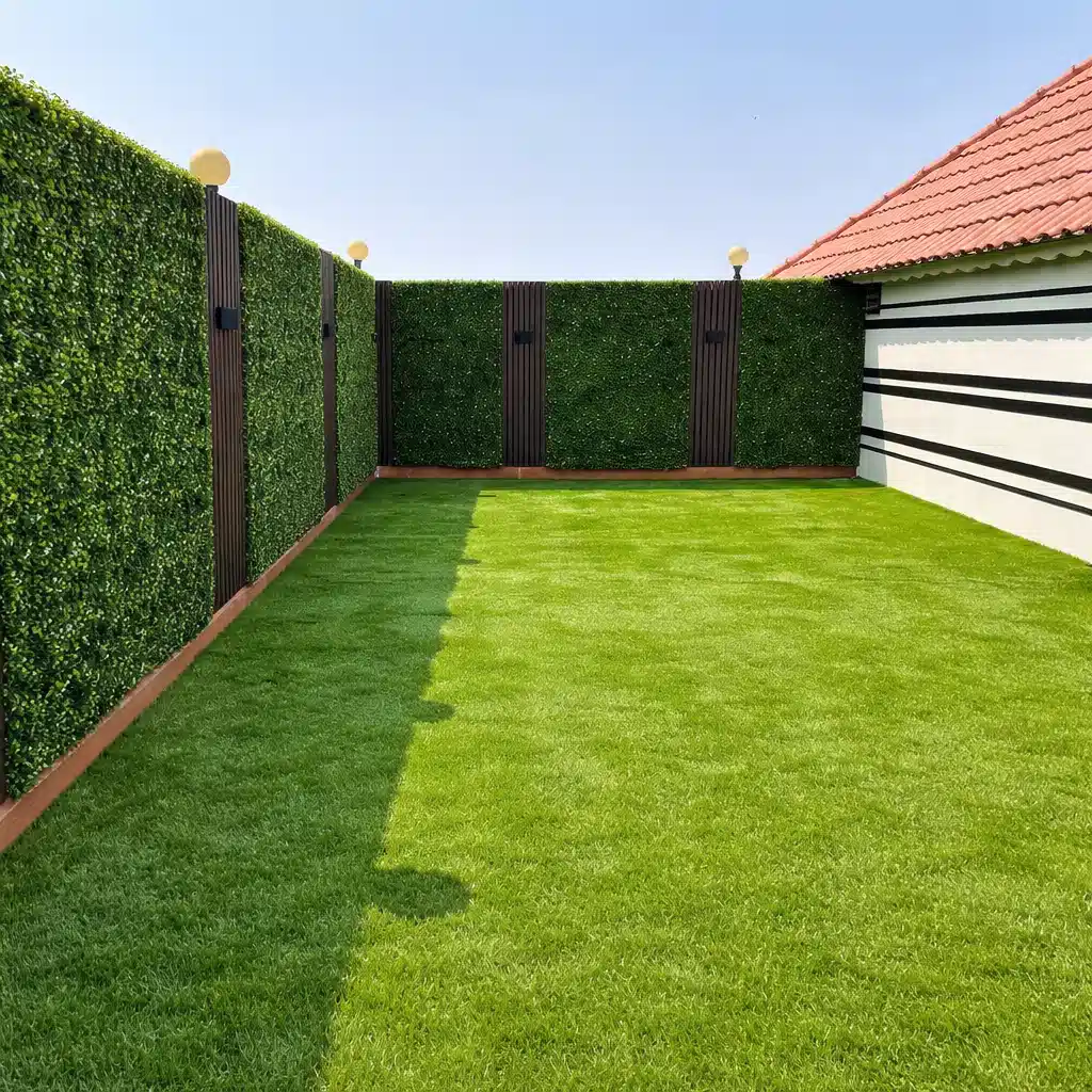 مساحة حديقة منزلية بعشب أخضر كثيف ومستوٍ، يحيط بها سور مغطى بجدار نباتي صناعي مع أعمدة خشبية داكنة وإنارة علوية بسيطة