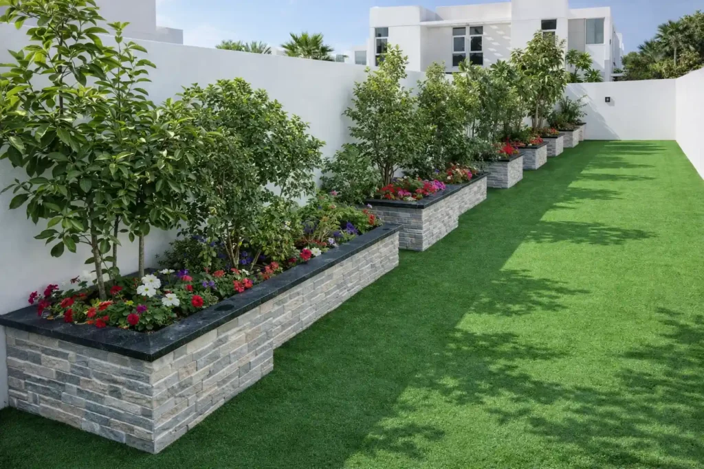 حديقة منزلية بتنسيق منظم تضم أحواض زراعة حجرية مزروعة بأشجار وشجيرات مزهرة مع عشب أخضر ممتد