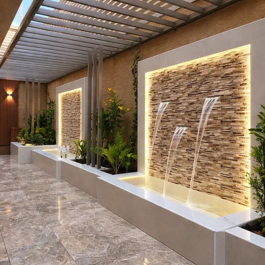 ممر حديقة عصرية يضم شلالات جدارية متعددة بإضاءة مخفية مع جدار حجري ونباتات خضراء وأرضية رخامية