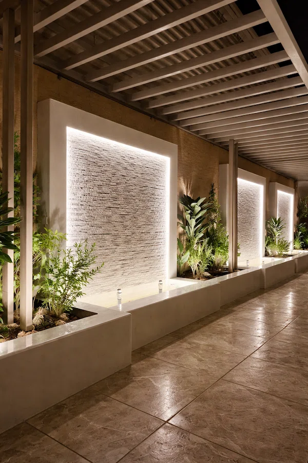ممر حديقة منزلي بتصميم عصري يضم جدارًا حجريًا مضاء بإضاءة مخفية مع أحواض زراعة تحتوي نباتات خضراء