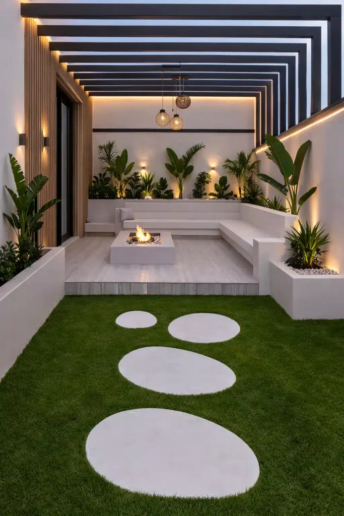 حديقة منزلية تضم ممرات حجرية بيضاء فوق العشب الأخضر وجلسة خارجية مضاءة مع سقف خشبي ونباتات زينة