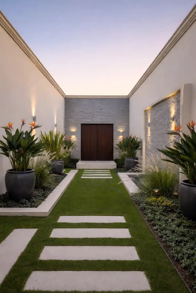 ممر حديقة منزلية يضم عشبًا أخضر وممرات حجرية مستقيمة مع نباتات زينة مزروعة في أحواض جانبية وإضاءة جدارية