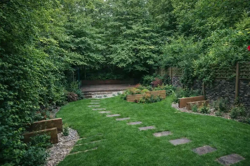 حديقة منزلية كثيفة الأشجار بتنسيق طبيعي غني، تتوسطها ممرات حجرية وسط عشب أخضر مشذب، مع أحواض زراعة خشبية ونباتات متنوعة