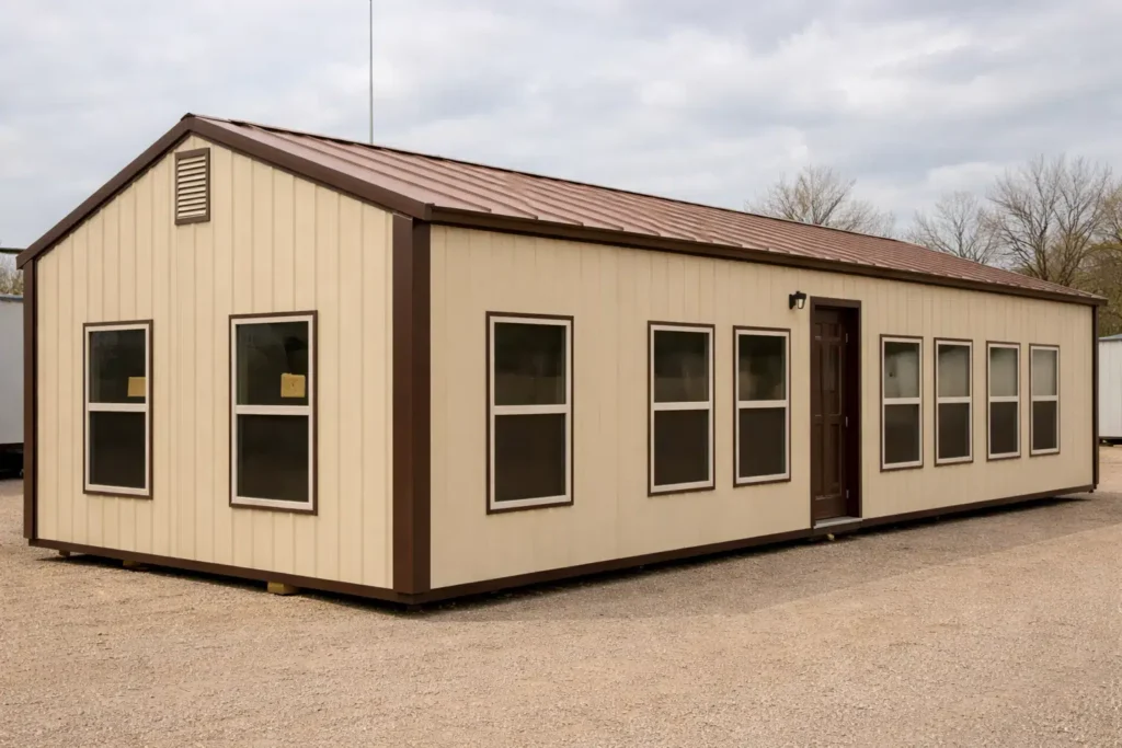 مبنى جاهز من الساندويتش بانل بتصميم طولي وسقف مائل مع نوافذ متعددة وباب أمامي في موقع مفتوح خارجي