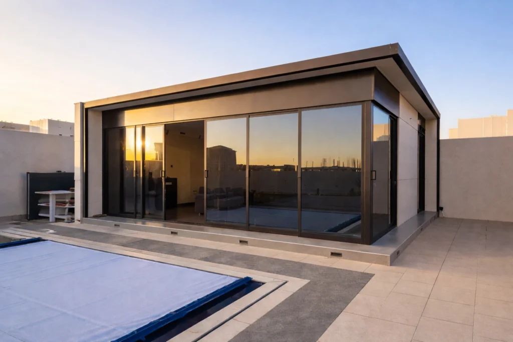 ملحق عصري من الساندويتش بانل بتصميم حديث واجهات زجاجية واسعة على سطح منزل مع جلسة خارجية وأرضيات رخامية
