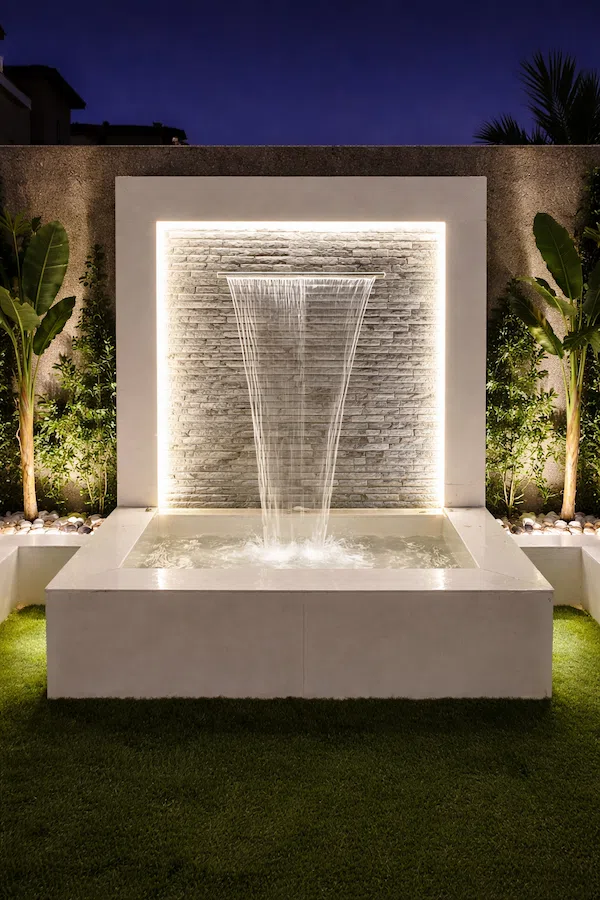 شلال جداري بتصميم عصري مضاء بإضاءة مخفية يتدفق فوق جدار حجري مع حوض ماء أمامي محاط بنباتات استوائية