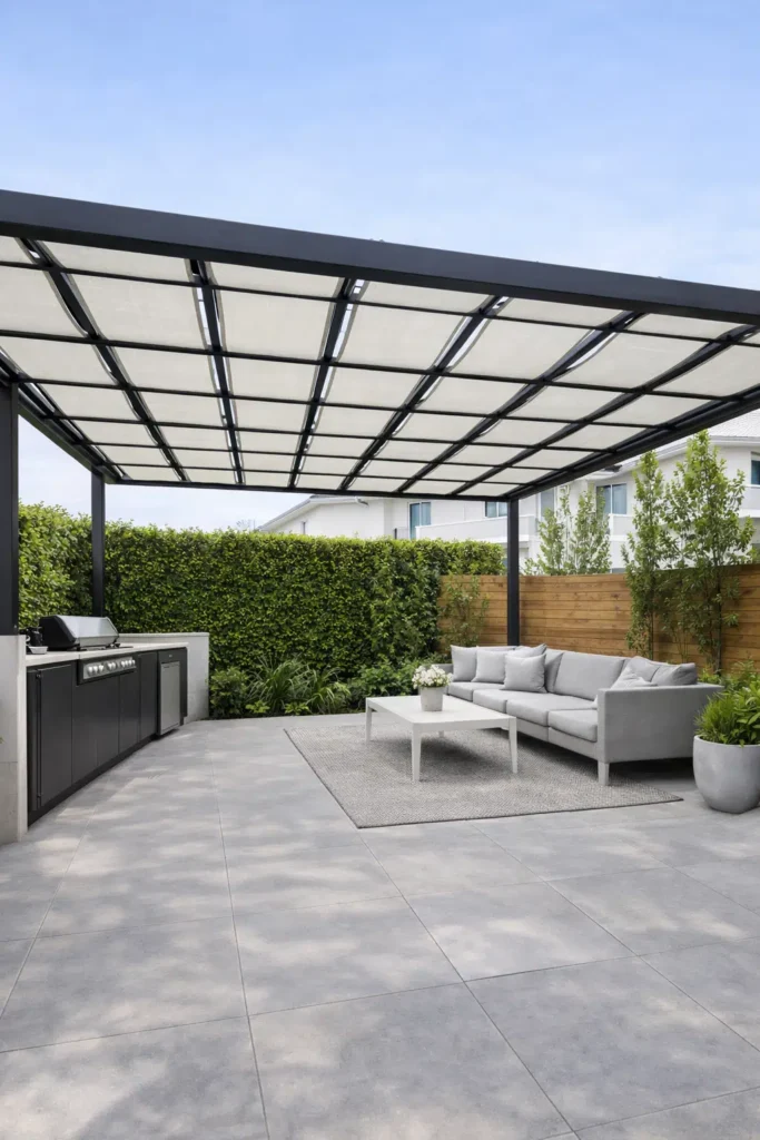 ساحة حديقة حديثة تضم جلسة خارجية رمادية تغطيها مظلة بإطار معدني أسود وسقف ألواح شفافة تسمح بمرور الضوء