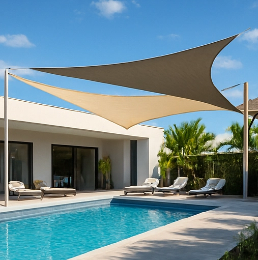 مظلتان شراعيتان بلون بيج مشدودتان بزوايا معدنية فوق مسبح في فناء فيلا حديثة مع كراسي استرخاء ونخيل جانبي