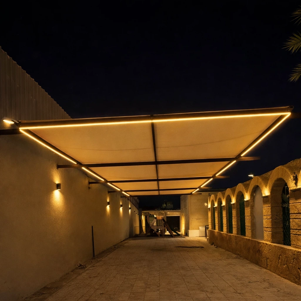مظلة بإطار معدني أسود وسقف قماشي مضاء بإضاءة LED محيطية تغطي ممر فناء طويل بجدران حجرية وأقواس مع أجواء ليلية دافئة