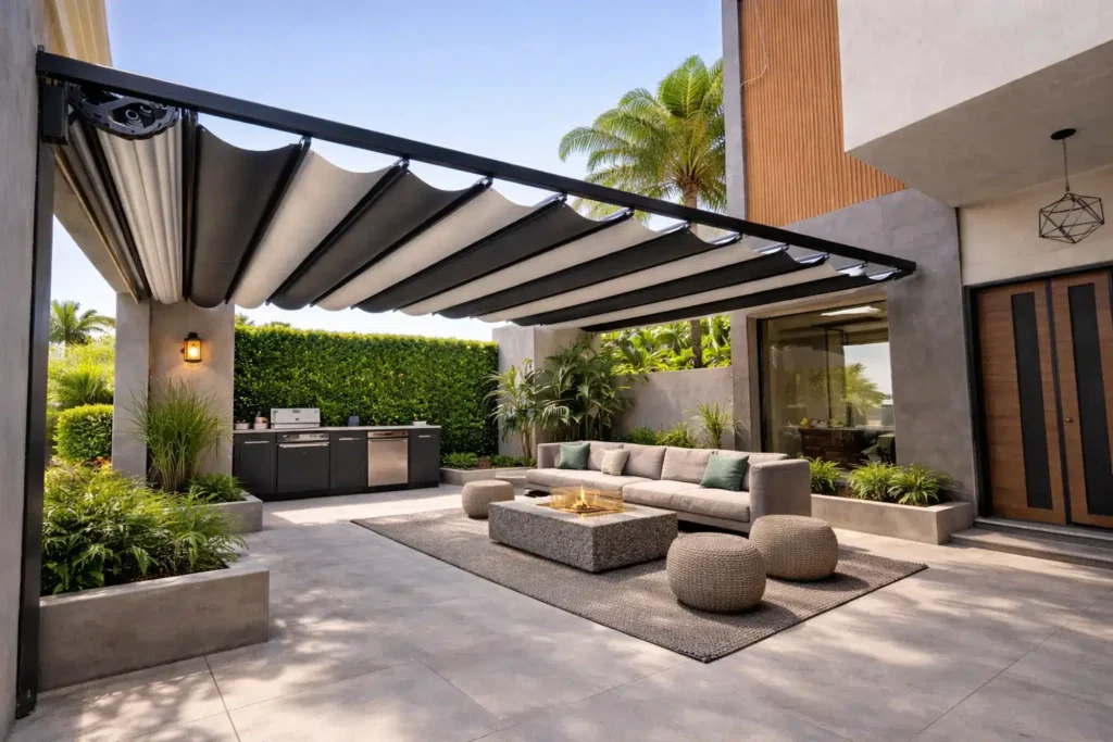 مظلة كهربائية متحركة بشرائح قماش رمادية مثبتة على هيكل معدني أسود تغطي جلسة عصرية وحديقة محيطة
