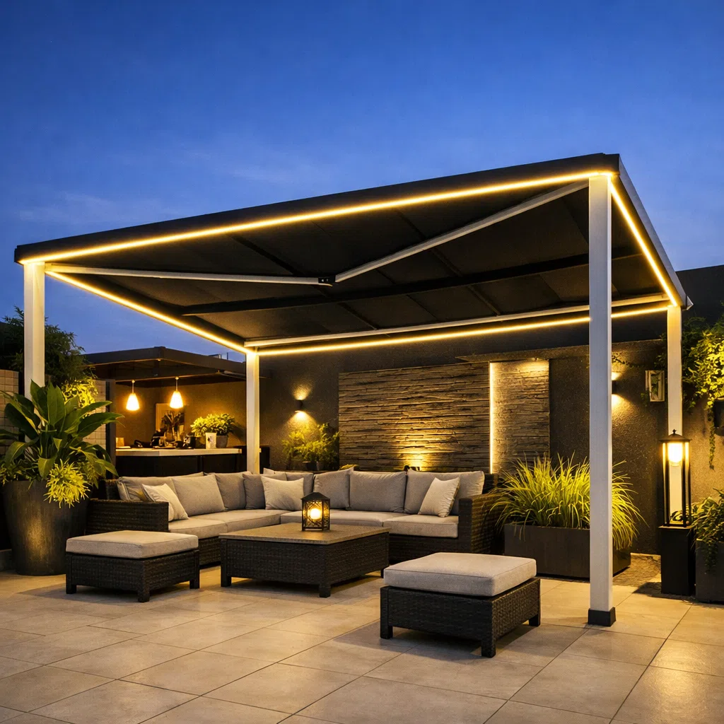 جلسة عصرية بأثاث راتان داكن تغطيها مظلة حديثة بإطار أبيض وسقف أسود مع إضاءة LED محيطية في أجواء ليلية دافئة