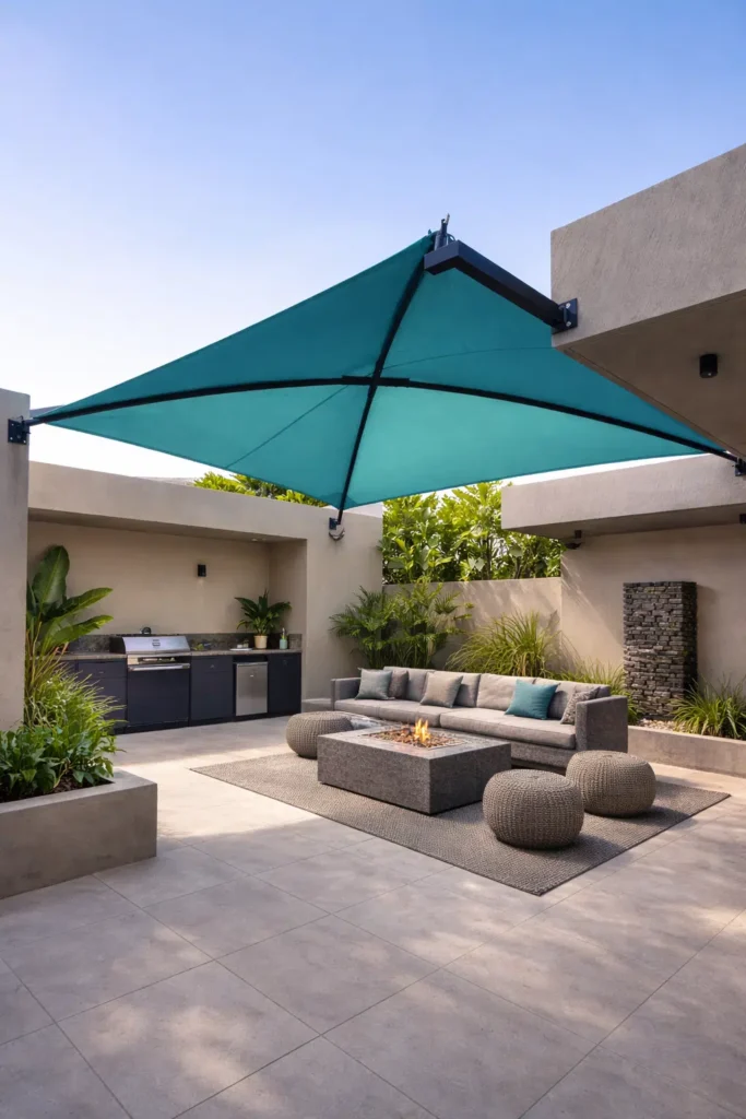 أريكة رمادية وطاولة نار مركزية تغطيها مظلة شد بلون فيروزي مثبتة بين جدران خرسانية مع مطبخ شواء جانبي ونباتات محيطة