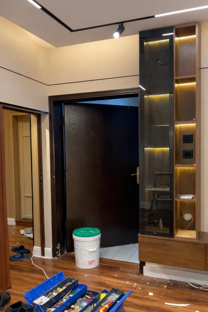 مقاولات وتشطيب مدخل منزل حديث يشمل تركيب باب خشبي رئيسي وديكور جداري بإضاءة مخفية وأرضية باركيه