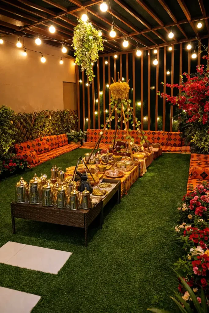 جلسة خارجية بتصميم تراثي في الدمام، تضم مفارش برتقالية مزخرفة على شكل حرف U حول ممر مركزي مزين بأوانٍ تقليدية وموقد ضيافة