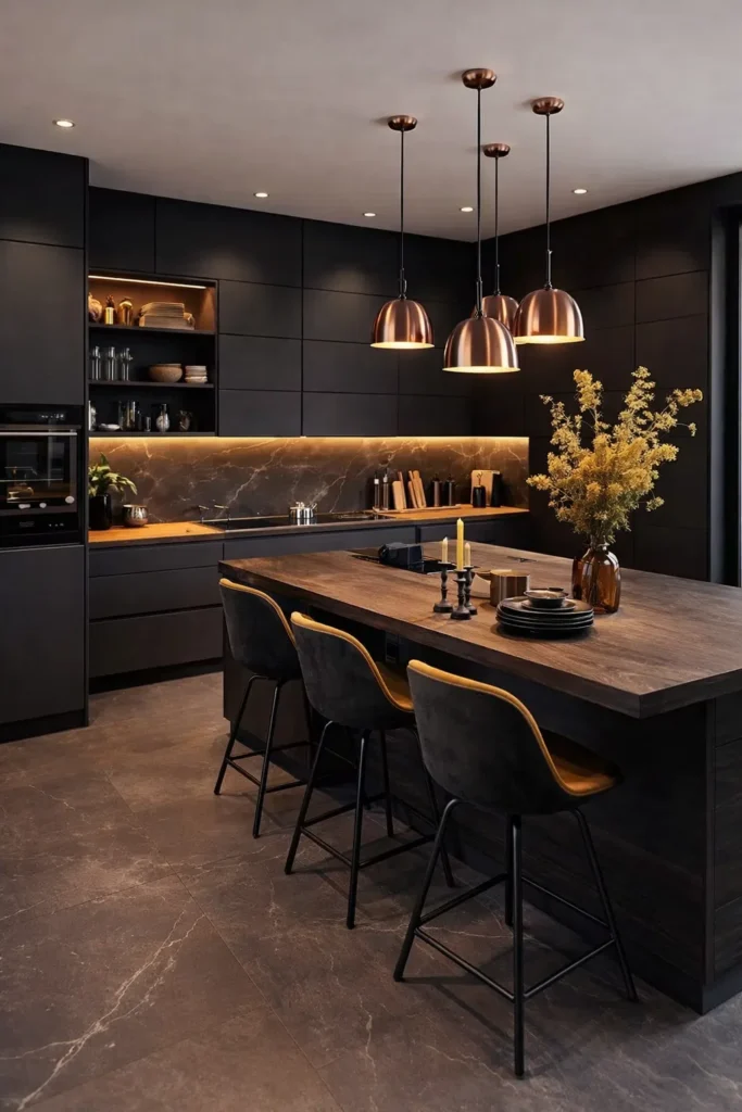 مطبخ مودرن أسود مطفي مع طاولة مركزية خشبية كبيرة ومقاعد مرتفعة وإضاءة نحاسية معلقة فوق سطح العمل