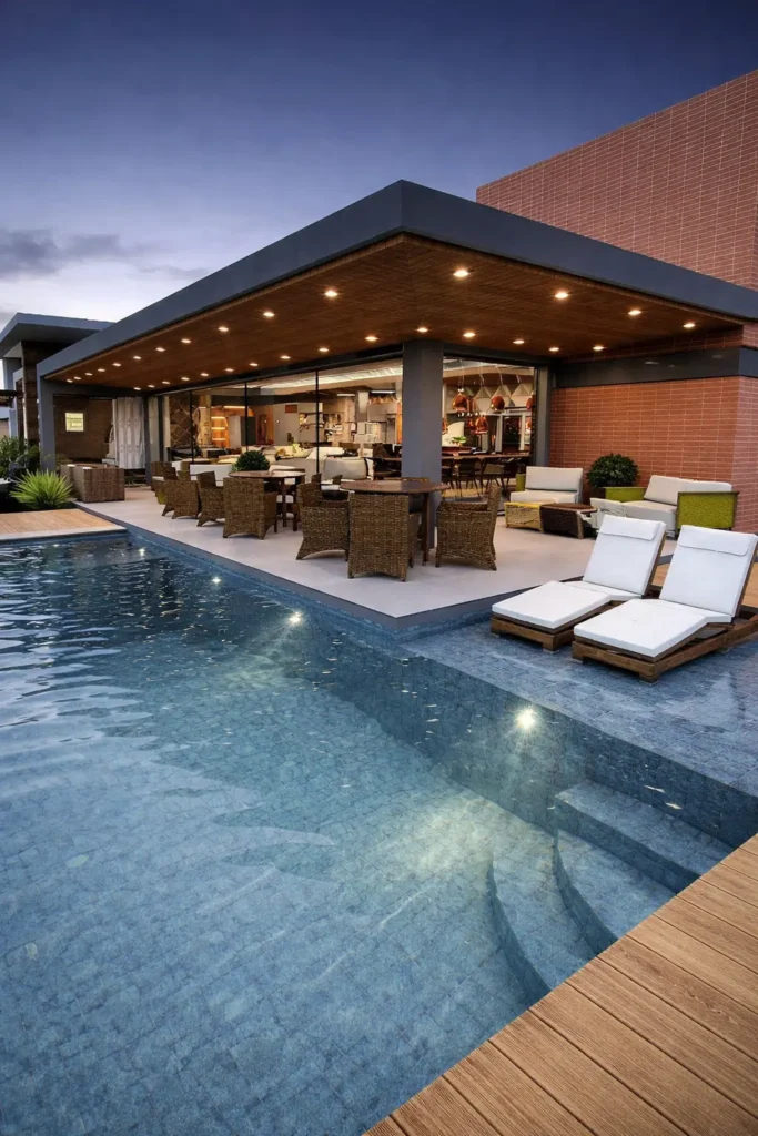 مسبح خارجي فاخر مستطيل الشكل، محاط بأرضيات أنيقة وجلسات استرخاء مريحة، مع مظلة حديثة تضم منطقة جلوس وطاولة طعام