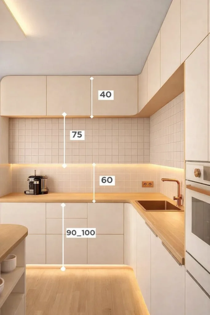 خزائن علوية وسفلية ناعمة وأبعاد قياسية موضحة لارتفاع الخزائن والمسافات بين السطح العلوي والخزائن في المطبخ