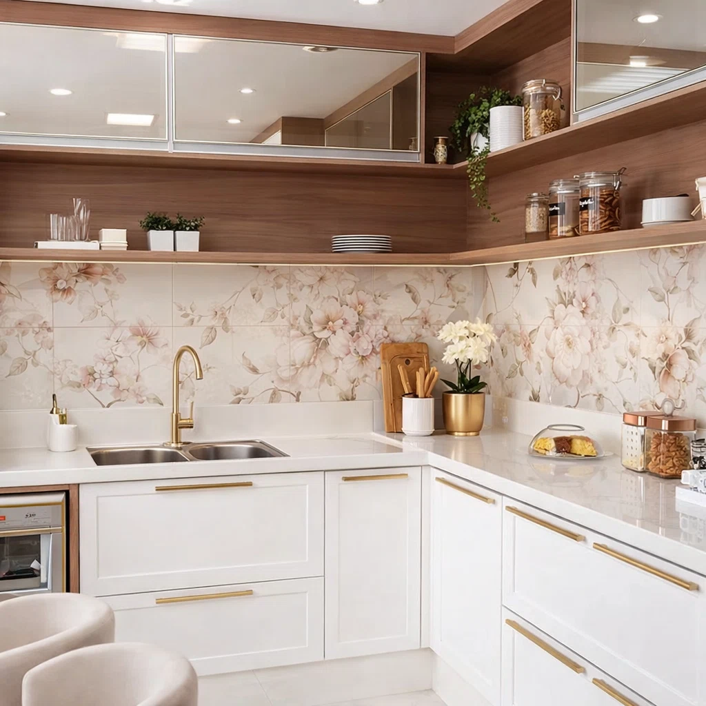 مطبخ أبيض كلاسيكي بواجهات مؤطرة ومقابض ذهبية مع خلفية جدارية بنقوش زهرية ولمسات خشبية دافئة