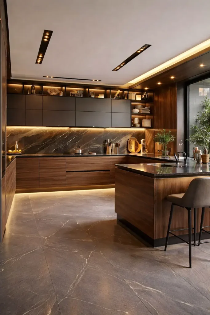 واجهات سوداء علوية وخزائن سفلية خشبية مع سطح عمل رخامي وطاولة مركزية واسعة تمنح المطبخ طابعاً دافئاً وفخماً