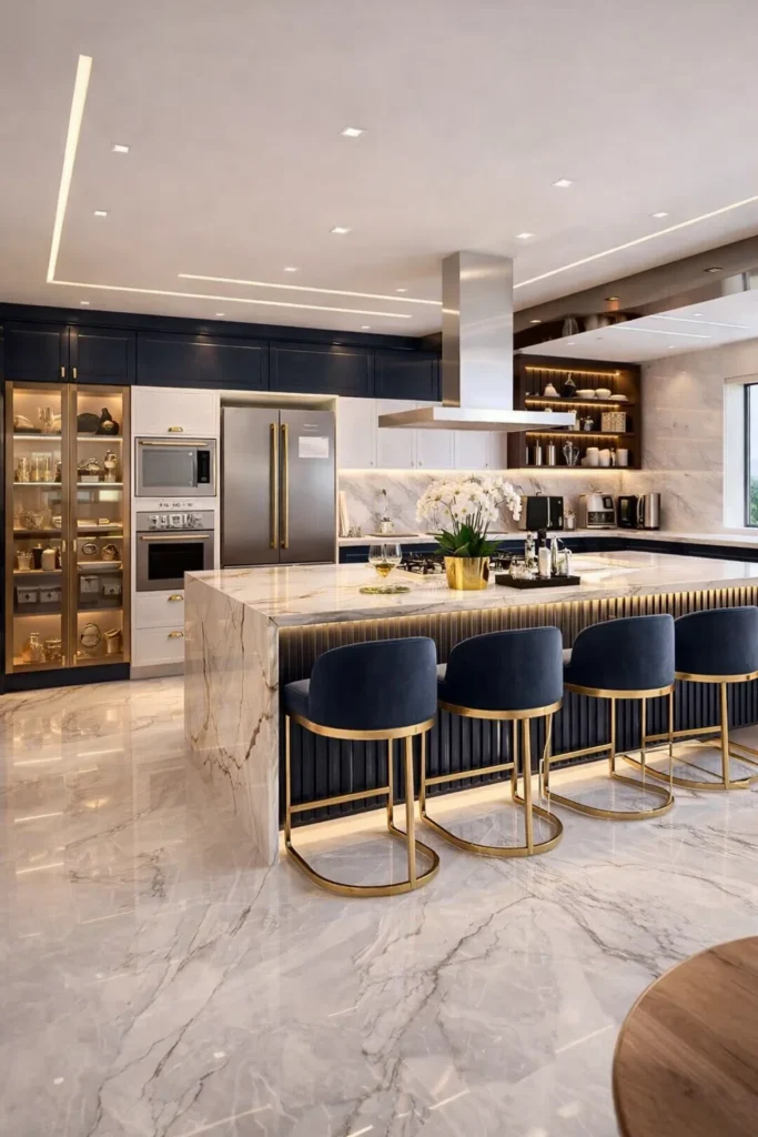 مطبخ مفتوح يتوسطه كاونتر واسع مع مقاعد مرتفعة وإضاءة سقفية معلقة تمنح المكان طابعاً عصرياً دافئاً