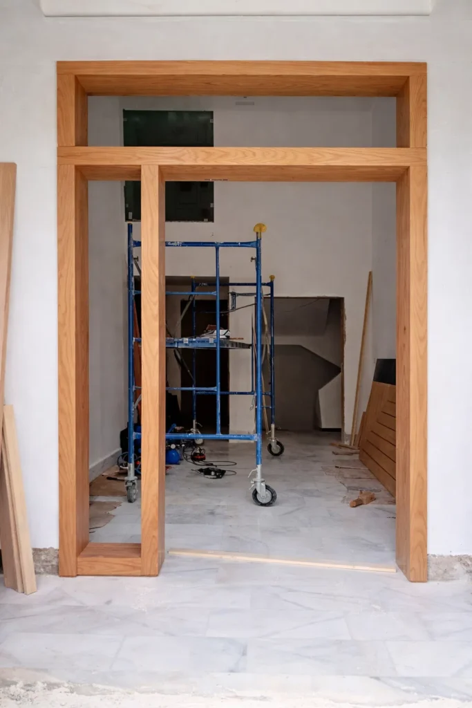 إطار باب خشبي طبيعي قيد التركيب داخل منزل تحت التشطيب مع أدوات وسقالة عمل في الخلفية وأرضية رخامية بيضاء