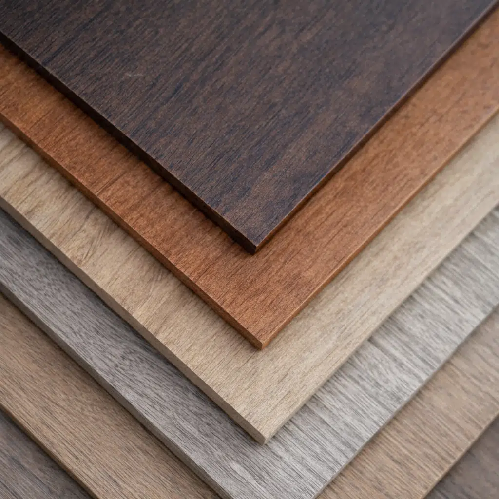 عينات ألواح خشبية بألوان ودرجات مختلفة من البني والبيج والرمادي موضوعة فوق بعضها لإظهار تنوع الخامات