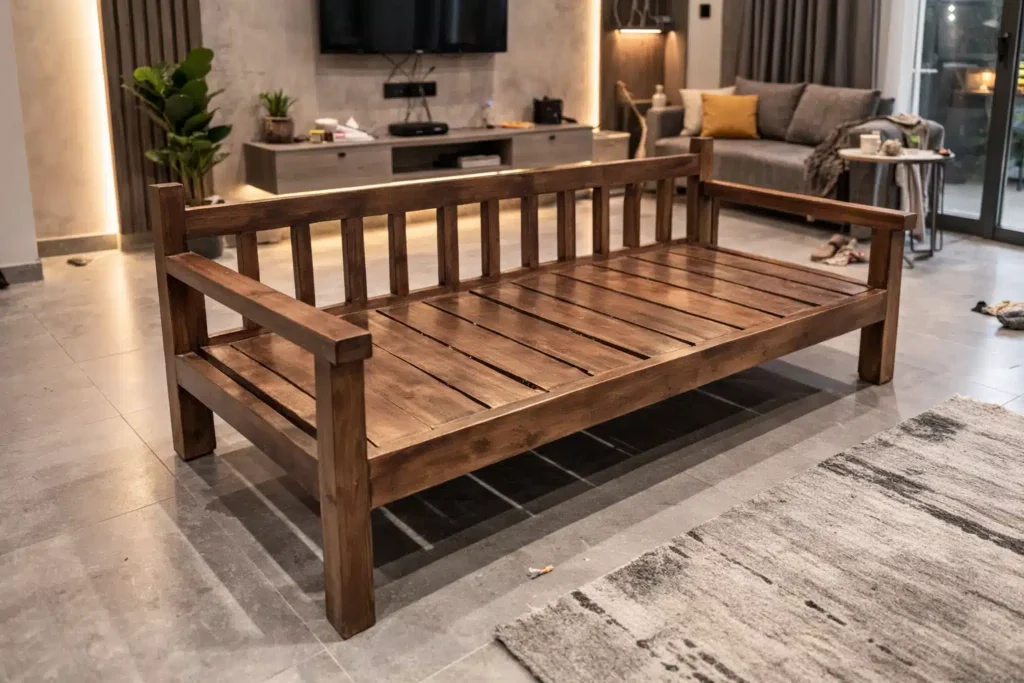 كنبة خشبية بتصميم بسيط وقاعدة عريضة داخل غرفة بأرضية سيراميك وإضاءة دافئة وخلفية تحتوي على تلفاز وطاولة ونباتات ديكورية