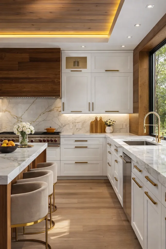 خزائن بيضاء مع لمسات خشبية طبيعية وسطح عمل رخامي داخل مطبخ عصري بإضاءة دافئة