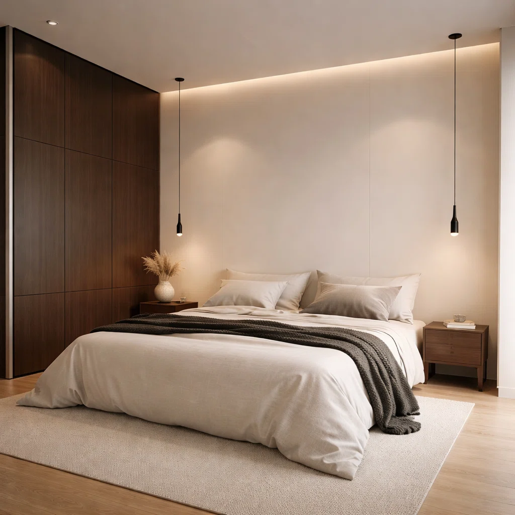 غرفة نوم عصرية بجدران بيج هادئة مع إضاءة مخفية دافئة وخزانة خشبية داكنة وسرير بتصميم بسيط أنيق
