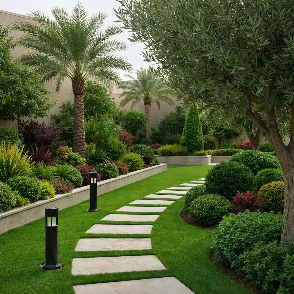 ممر حجري متدرج يتوسط مساحة خضراء مرتبة بعناية، تحفّه نباتات متنوعة وأشجار نخيل وأشجار ظل كثيفة في حديقة منزلية