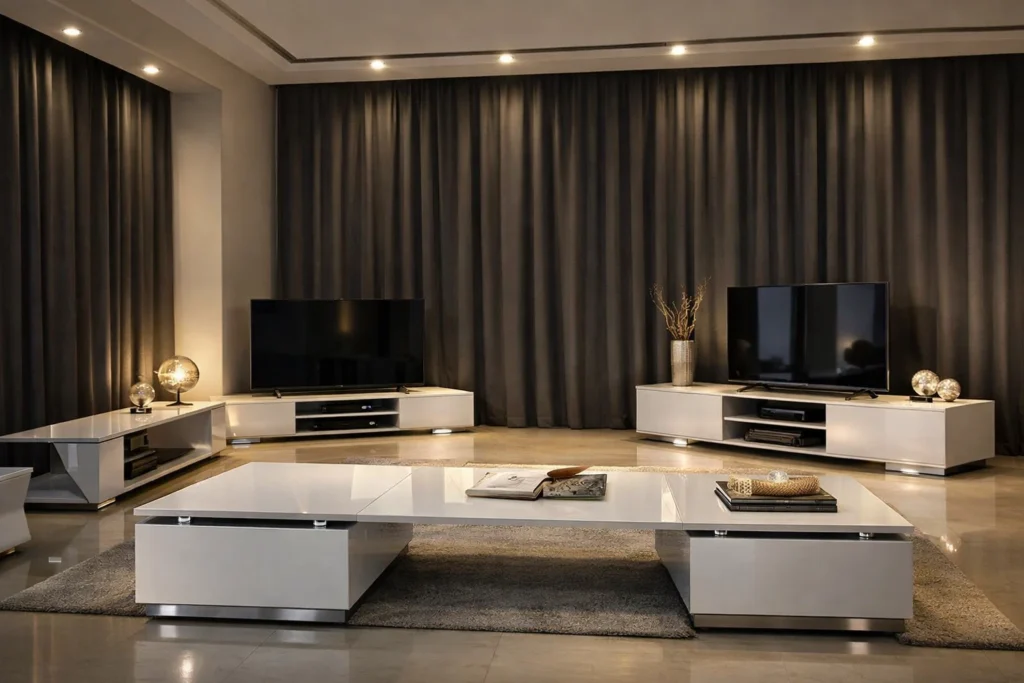 طاولات تلفزيون بيضاء وفوقها شاشات سوداء ونافذتان كبيرتان مغطاتان بستائر