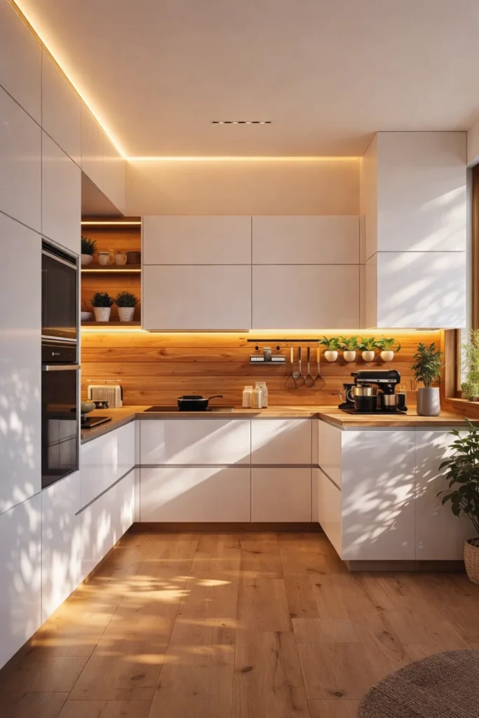 مطبخ أبيض عصري بتصميم حرف L مع واجهات ناعمة بدون مقابض وجدار خلفي خشبي وإضاءة LED مخفية
