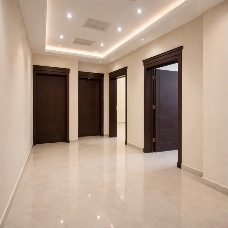 ممر داخلي واسع بجدران بيج ناعمة وأرضية سيراميك لامعة مع أبواب خشبية داكنة وسقف بإضاءة مخفية وسبوت لايت