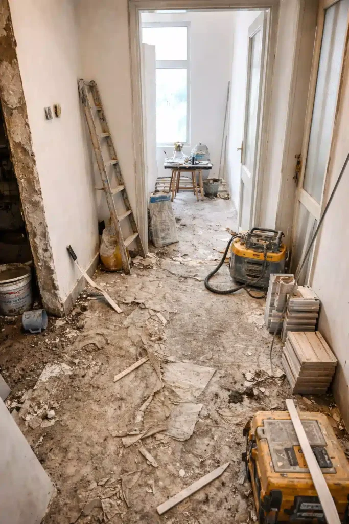 ممر منزل أثناء أعمال الترميم يظهر إزالة الأرضية القديمة ووجود أدوات البناء وبقايا مواد التركيب قبل تجديد المكان