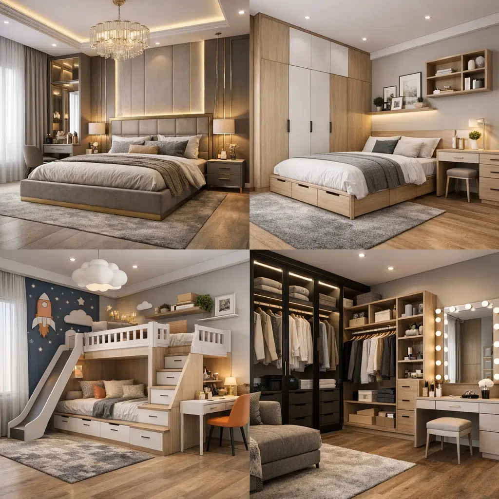 تفصيل غرف نوم متنوعة تشمل غرفة رئيسية، غرفة نوم بخزائن مدمجة، غرفة أطفال بسرير طابقي، وغرفة ملابس مع تسريحة